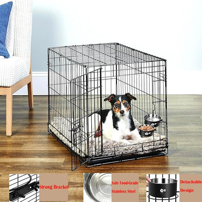 2 Pack Black Stainless Steel Pet Bowls Anti-Spill Metal Feeder Food and Water Feeding Bowl, Hanging Cage Pet Crate Bowl for Puppy Kennel Medium Large Pets (Black,M (5.5x2.2'' & 6.2x2.3''))