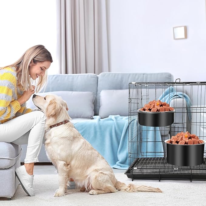 Attachable Dog Bowls for Crates, ShineMe 40oz & 60oz Dog Kennel Food and Water Bowl, 7.1 x 3.7” & 6.3 x 2.6” Dogs Crate Bowls Hanging No Spill for Large or Medium Dogs, Set of 2 Black