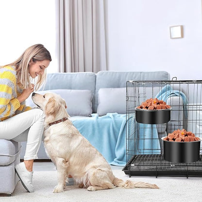 Attachable Dog Bowls for Crates, ShineMe 40oz & 60oz Dog Kennel Food and Water Bowl, 7.1 x 3.7” & 6.3 x 2.6” Dogs Crate Bowls Hanging No Spill for Large or Medium Dogs, Set of 2 Black