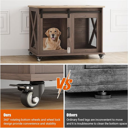 TROPOW Dog Crate Furniture,37 Inch Dog Kennel Furniture, Sliding Barn Door, Flip Top Dog Crate End Table with Removable Divider, Farmhouse Dog Cage for Small to Middle Size Dogs