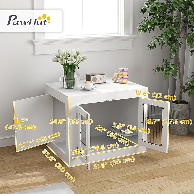 PawHut Dog Crate Furniture w/ 360° Rotatable Removable Dog Bowls, Dog Kennel Furniture w/Two Doors, Non-Slip Foot Pads, Furniture Dog Crate End Side Table for Medium Dogs, 31.5" x 24" x 25", White