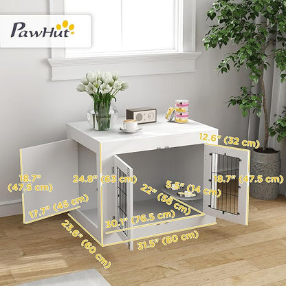 PawHut Dog Crate Furniture w/ 360° Rotatable Removable Dog Bowls, Dog Kennel Furniture w/Two Doors, Non-Slip Foot Pads, Furniture Dog Crate End Side Table for Medium Dogs, 31.5" x 24" x 25", White