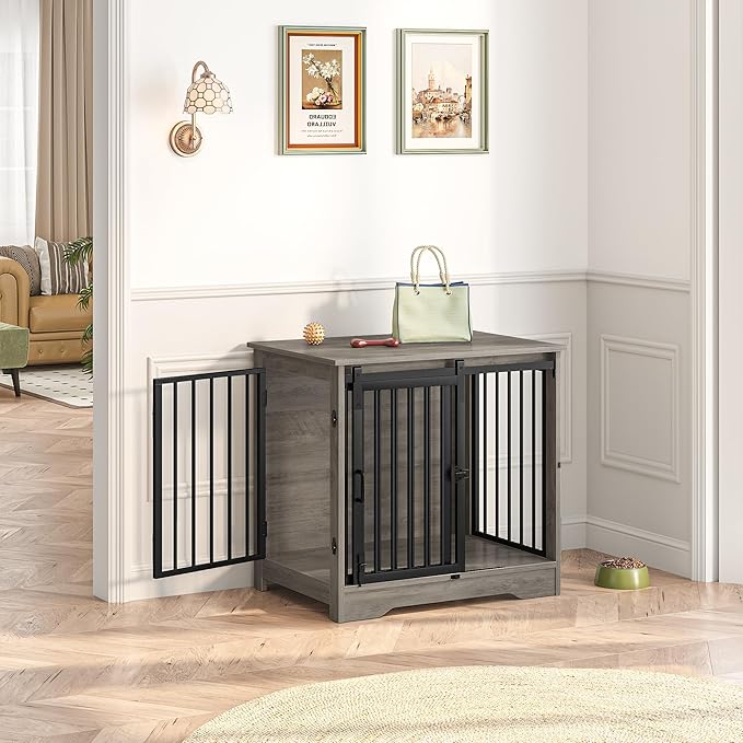 Hzuaneri 27.2" Dog Crate Furniture with Barn Door, Heavy Duty Dog Kennel Indoor with 2 Doors, Wooden Pet Cage End Table for Small Medium Dogs up to 22 lb, Anti-Chew Anti-Escape, Greige DFC84305B