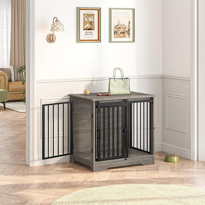 Hzuaneri 27.2" Dog Crate Furniture with Barn Door, Heavy Duty Dog Kennel Indoor with 2 Doors, Wooden Pet Cage End Table for Small Medium Dogs up to 22 lb, Anti-Chew Anti-Escape, Greige DFC84305B