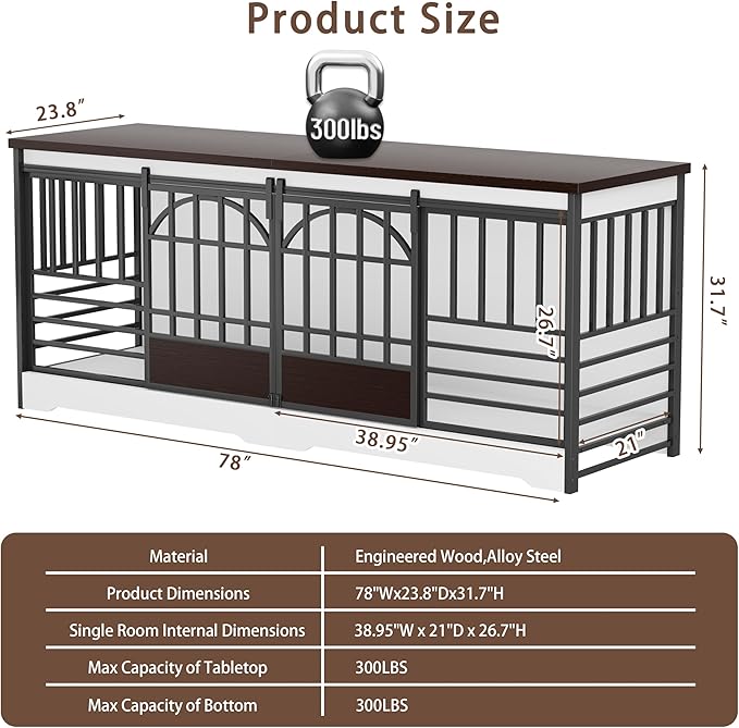 COZPAW 78 Inch Double Dog Crate Furniture, Extra Large Dog Kennel Indoor for 2 Dogs, Heavy Duty Dog Cage with Divider, Wooden Dog House Decorative Table TV Stand for XLarge Dogs (White&Brown)