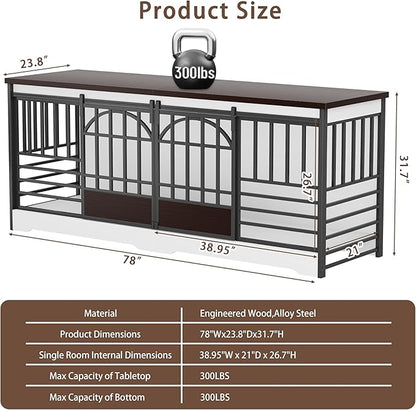 COZPAW 78 Inch Double Dog Crate Furniture, Extra Large Dog Kennel Indoor for 2 Dogs, Heavy Duty Dog Cage with Divider, Wooden Dog House Decorative Table TV Stand for XLarge Dogs (White&Brown)