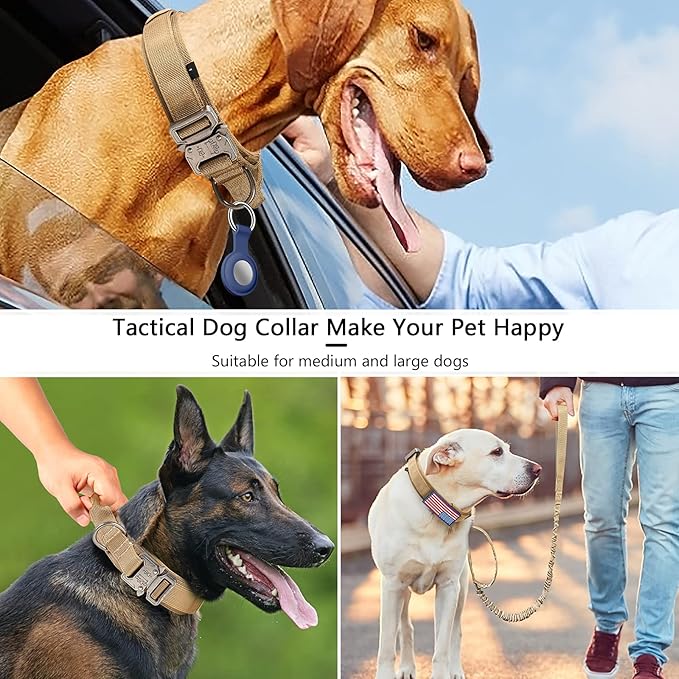 DAGANXI Tactical Dog Collar Leash Set, Adjustable Military Training Nylon Dog Collar with Controll Handle and Heavy Metal Buckle for Medium and Large Dogs，with Patches and Airtags Case (XL, Brown-SET)