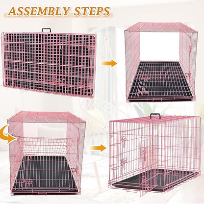 Dog Crate for Large Medium Dogs Folding Dog Kennel Cage with Plastic Tray & Divider 48" Indoor Outdoor Metal Double Door Pet Playpen Heavy Duty Dog Pen Enclosure Pink