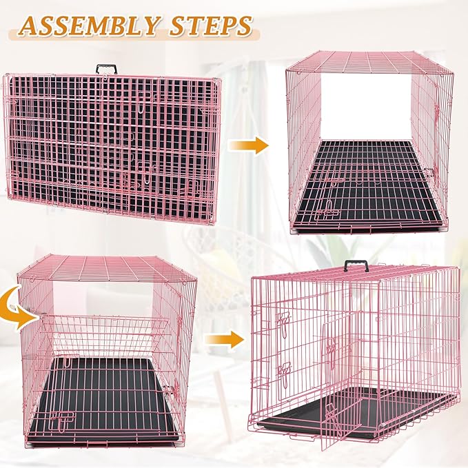 Dog Crate Dog Kennel Cage for Small Dogs, 24" Portable Foldable Indoor Outdoor Large Double Door Wire Metal Puppy Cat Pet Dog Cage with ABS Tray LC & Divider, Pink