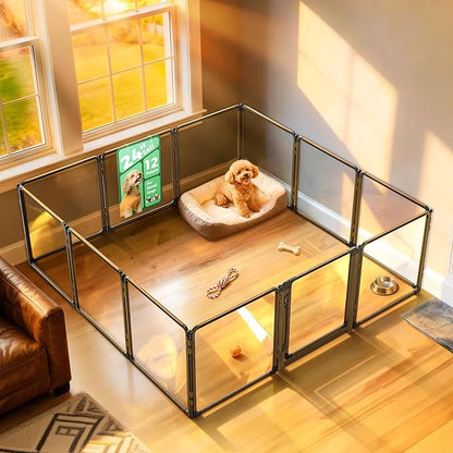 FXW AuraSpace Pro Acrylic Indoor Dog Playpen, Heavy-Duty with Metal Frame, 24" Height 12 Panels for Puppies & Small Dogs,Walnut│Patented
