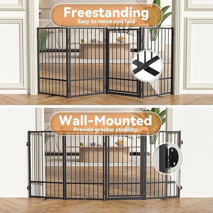 SNUOWU Full Metal Freestanding Dog Gate with Door, 36''Height Foldable Pet Dog Fence for Indoor & Outdoor, 4 Panels Extra Wide Free Standing TallDog Gates for Doorways,House,Stairs,Porch,Deck,Yard