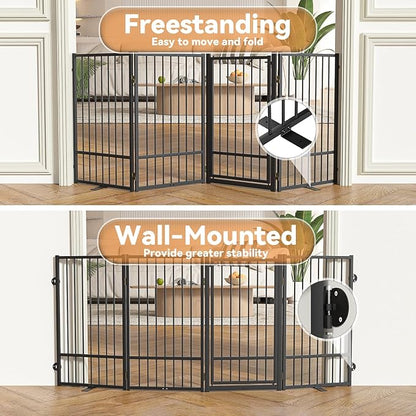 SNUOWU Full Metal Freestanding Dog Gate with Door, 36''Height Foldable Pet Dog Fence for Indoor & Outdoor, 4 Panels Extra Wide Free Standing TallDog Gates for Doorways,House,Stairs,Porch,Deck,Yard