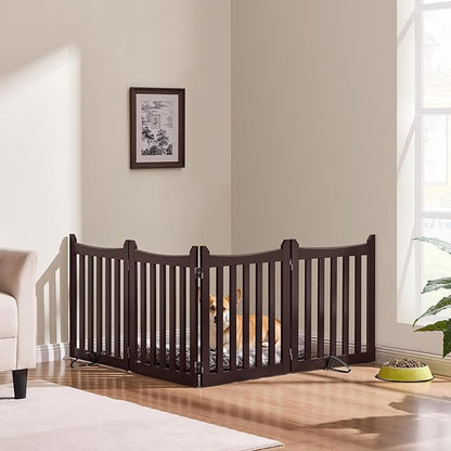 Yaheetech 24" H Freestanding Pet Gate for Dogs Wooden Dog Gates for Hallway, Doorway Collapsible Indoor Pet Fence with Support Feet Stair Barrier 4 Panels Fence Espresso
