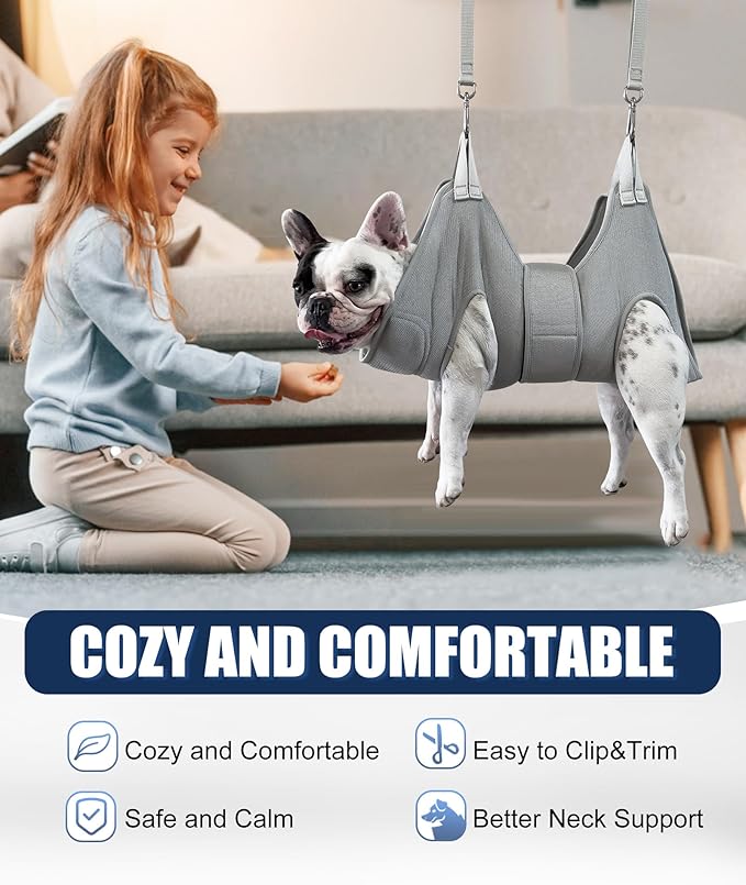 Kkiimatt Dog Grooming Hammock Hanging Harness for Nail Trimming,X-Large Dog Grooming Sling with Thick Neck Support,Gray Dog Hanger Holder Restraint for Pet Grooming