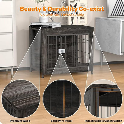Dog Crate Furniture, Wooden Dog Crate 27in, Decorative Cage with End Table for Dog Indoor Kennel, High Anxiety Dog, Escape-Proof Locks for All Breeds