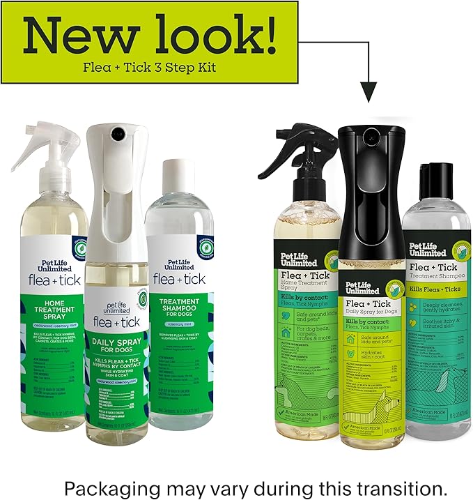 Pet Life Unlimited Natural Flea & Tick 3-Step Kit for Dogs, Plant-Based Prevention and Treatment, Includes Dog Spray, Home Spray & Shampoo, Kill & Repel Fleas, Ticks & Eggs, Soothes Skin