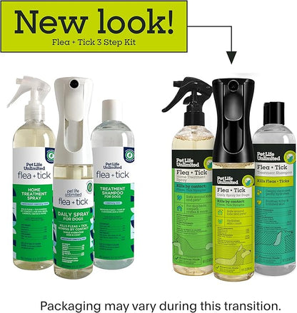 Pet Life Unlimited Natural Flea & Tick 3-Step Kit for Dogs, Plant-Based Prevention and Treatment, Includes Dog Spray, Home Spray & Shampoo, Kill & Repel Fleas, Ticks & Eggs, Soothes Skin