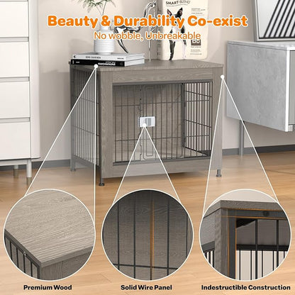 Dog Crate Furniture, Wooden Dog Crate 27in, Decorative Cage with End Table for Dog Indoor Kennel, High Anxiety Dog, Escape-Proof Locks for All Breeds
