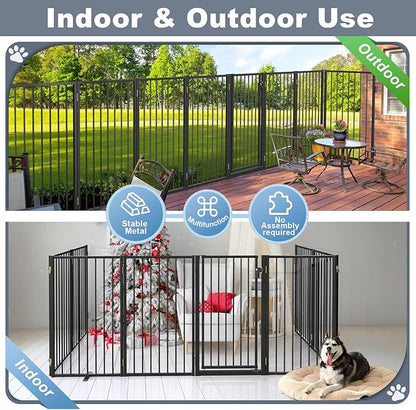 Metal Freestanding Dog Gates with Door for Outdoor Indoor,160'' Extra Wide 36'' Tall Free Standing Dog Gate for Doorways,Large Openings,Deck,Yard,Porch,Foldable Pet Fence(Black,8 Panels)