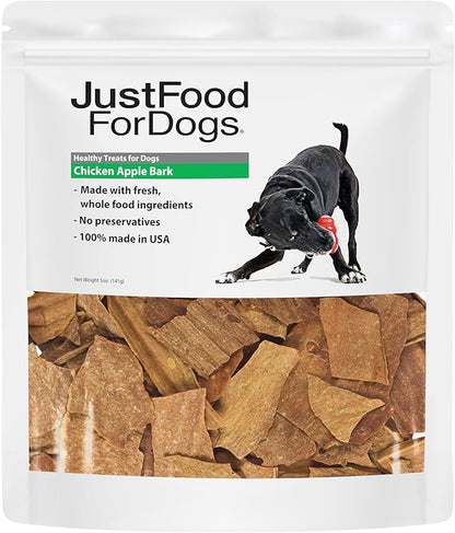 JustFoodForDogs Limited Ingredient Healthy Dog Treats and Dog Snacks, Jerky Treats, Human Grade, Preservative Free, Rawhide Free Chews, Low Calorie Treat - Chicken Apple Bark, 5 oz