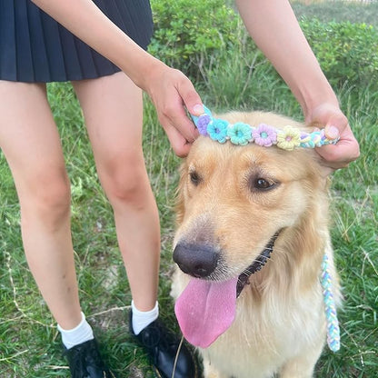 Handmade 5ft Braided Cotton Dog Leash with Unique Floral Handle, Durable and Stylish, Ideal for Small to Large Dogs, Rainbow Color