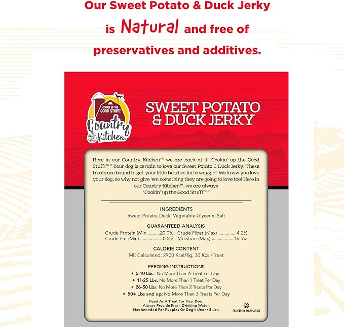 Country Kitchen Sweet Potato & Duck Jerky Tender Dog Treats, Made with Real Duck, High Protein, Low Fat, No Artificial Colors, 16 oz