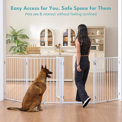 No Pawblems Free Standing Dog Gate with Door, 36'' Tall Foldable Dog Fence for Indoor & Outdoor, Up to 156 Inch Extra Wide Christmas Tree Fence, Hallways, Doorways, Deck, Yard (White, 6 Panels)