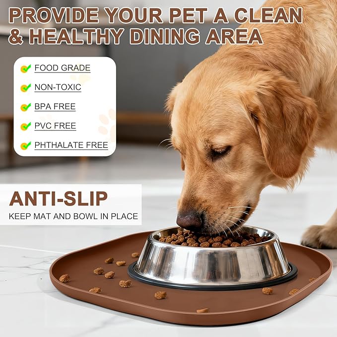 SMILOOL Small Silicone Pet Food Mat with Raised Edge for Food and Water Bowl, Square Dog Feeding Mats, Cat Food Trays for Floor Waterproof, Rubber Tray for Dogs and Cats, 12 x 12 x 0.7 Brown