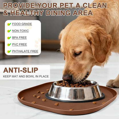 SMILOOL Small Silicone Pet Food Mat with Raised Edge for Food and Water Bowl, Square Dog Feeding Mats, Cat Food Trays for Floor Waterproof, Rubber Tray for Dogs and Cats, 12 x 12 x 0.7 Brown