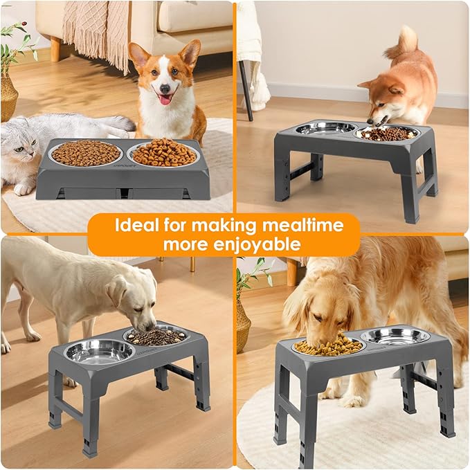 URPOWER Raised Dog Bowls 4 Height Adjustable Elevated Bowl Stand with Stainless Steel Water Bowl Non-Slip Dog Food Bowls Stand for Small Medium Large Dogs and Pets
