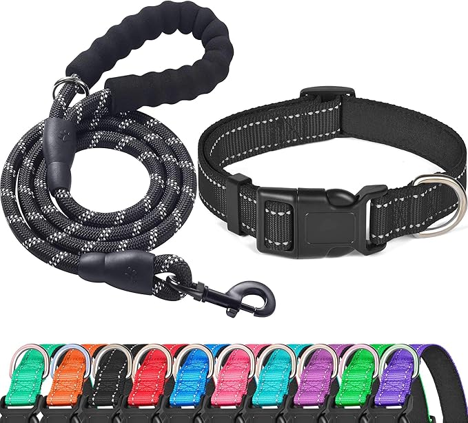 Ladoogo Reflective Dog Collar Padded with Soft Neoprene Breathable Adjustable Nylon Dog Collars for Small Medium Large Dogs (Large (Pack of 1), Black Collar+Leash)