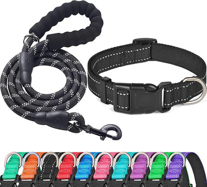 Ladoogo Reflective Dog Collar Padded with Soft Neoprene Breathable Adjustable Nylon Dog Collars for Small Medium Large Dogs (Large (Pack of 1), Black Collar+Leash)