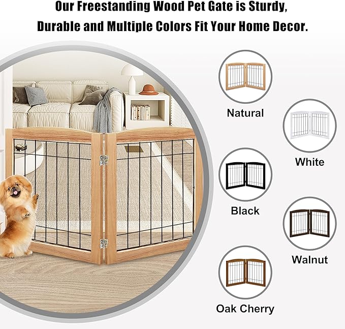 LZRS 2-Panel Freestanding Foldable Wood Dog Gate – Solid Wood & Steel Wire, Chew-Resistant Pet Barrier for Indoor Use, Ideal for Small to Medium Dogs, Natural