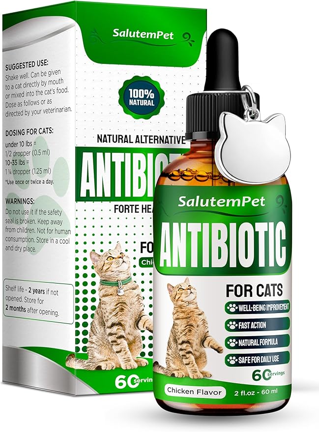 Cat Antibiotic in Drops – Natural Antibiotics for Cats with Chicken Flavor Help with UTI, Cough, Allergies – Safe for Pets and Breeds – 2-oz Bottle with a Pendant Included