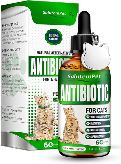 Cat Antibiotic in Drops – Natural Antibiotics for Cats with Chicken Flavor Help with UTI, Cough, Allergies – Safe for Pets and Breeds – 2-oz Bottle with a Pendant Included