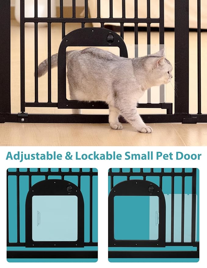 No Pawblems 55" Extra Tall Pet Gate with Adjustable Cat Door, 29-43" Auto Close Dog Gate, NO Drilling Pressure Mounted for Doorways/Hallways, 1.37" Narrow Bar Spacing, Black