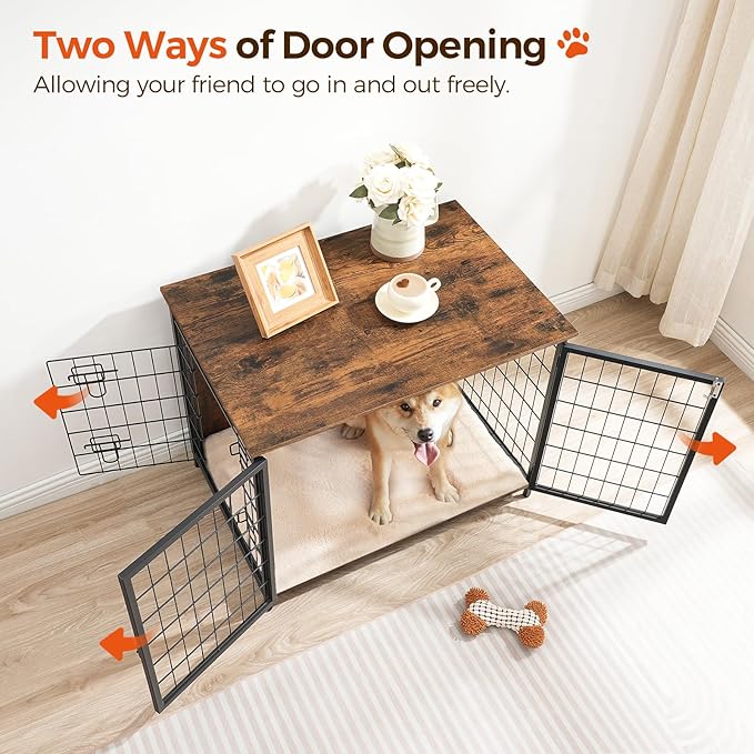 MAHANCRIS Dog Crate Furniture with Cushion, Wooden Dog Kennel with Double Doors, Heavy Duty Dog Cage for Small/Medium/Large Dogs, Indoor Dog House End Table, 31.5" L, Rustic Brown DCHR0701Z1