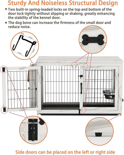 Piskyet Wooden Dog Crate Furniture with 360°Rotatable Removable Dog Bowls, Dog Crate End Table with Tray, Double Doors Dog Kennels for Dogs(M:31.8" L*22.1" W*24.1" H,Marble White)
