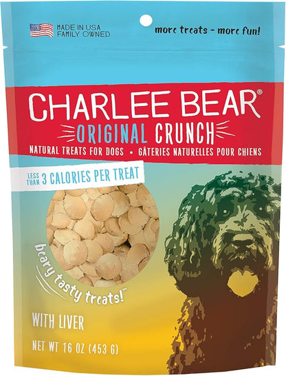 Charlee Bear Original Crunch Dog Treats, Chicken Liver, 16 Ounce Resealable Bag, Low Calorie Training Treats for Dogs, Limited Ingredient, Healthy, Crunchy Dog Snacks, Made in USA (Pack of 2)