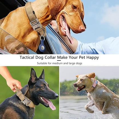 DAGANXI Tactical Dog Collar, Adjustable Military Training Nylon Dog Collar with Control Handle and Heavy Metal Buckle for Medium and Large Dogs, with Patches and Airtags Case (XL, Brown)