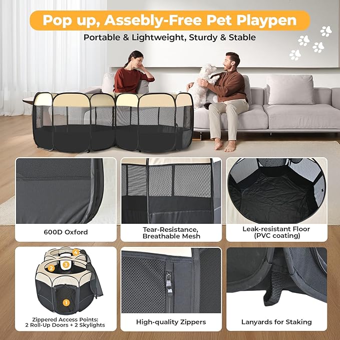 EighteenTek® 2-in-1 Pop Up Cat Playpen, Assembly-Free Dog Puppy Pet Playpen, Indoor Outdoor Cats Enclosed, Cat Tent House Crate Cage, Portable & Foldable Playpen for Kittens(No Divider, Unified Space)