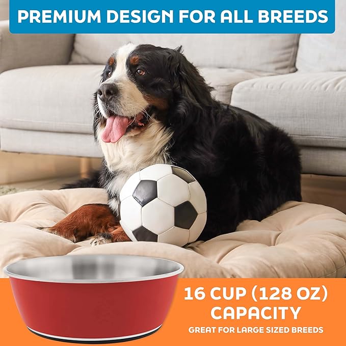 Master Pet Supply Stainless Steel Dog Bowls Set of 2 (128 Oz Each) with Non-Slip Rubber Base - Crimson Flame - Basic Dog Food Bowl Water & Food Bowls for Small Medium Large Dogs & Cats, Metal Dish