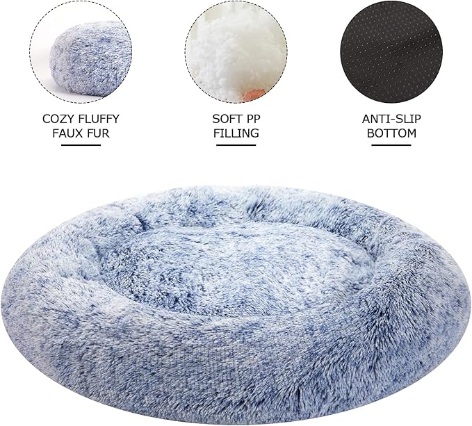 Bedfolks Calming Donut Dog Bed - 36 Inch Round Plush Beds for Large Dogs, Anti-Anxiety Machine Washable (Navy Blue, Large)