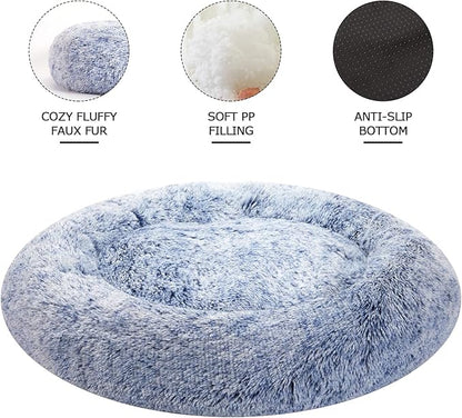 Bedfolks Calming Donut Dog Bed - 36 Inch Round Plush Beds for Large Dogs, Anti-Anxiety Machine Washable (Navy Blue, Large)