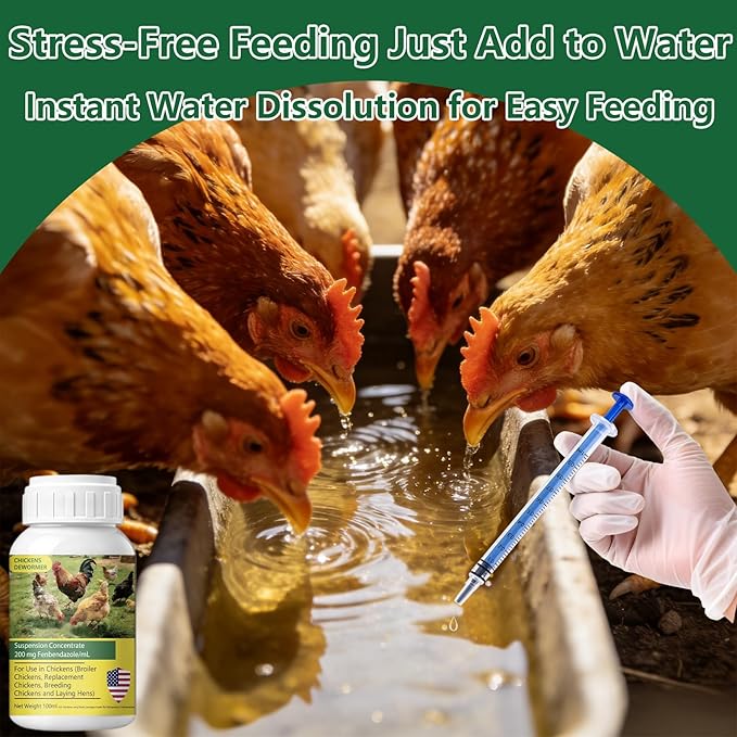 Dewormer for Chickens, Laying Hens, Poultry & More, Fenbendazole for Chickens Dewormer All Wormers,Tapeworms, Roundworms & Hookworms, 100ml（3.4 fl oz）