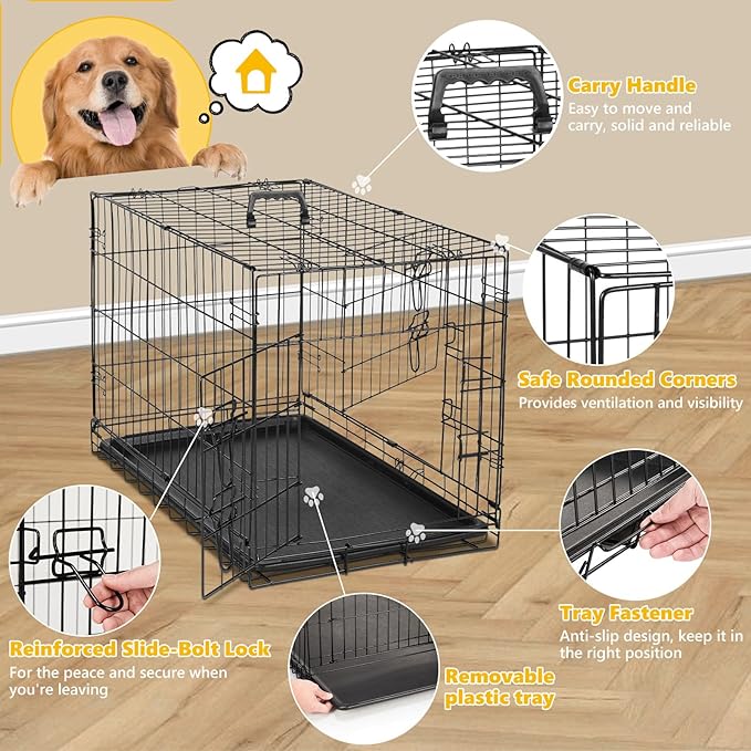 DUMOS Dog Crate, 36 Inch Medium Double Door Dog Cage with Plastic Leak-Proof Pan Tray, Folding Metal Wire Pet Kennel for Indoor, Outdoor, Travel, Black