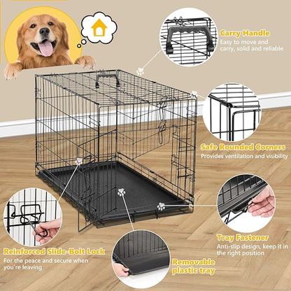 DUMOS Dog Crate, 36 Inch Medium Double Door Dog Cage with Plastic Leak-Proof Pan Tray, Folding Metal Wire Pet Kennel for Indoor, Outdoor, Travel, Black