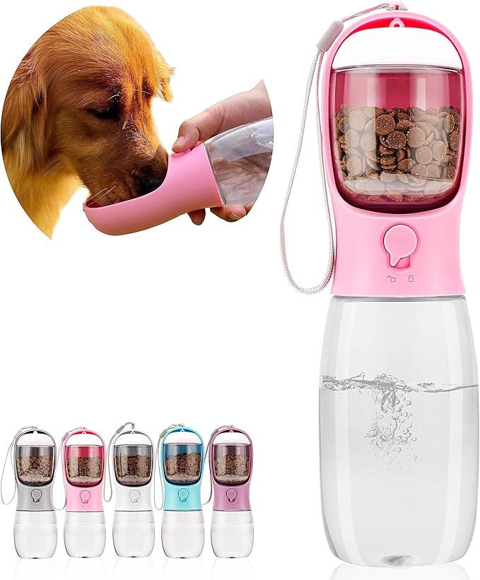 Dog Water Bottle with Food Container, Portable Leak Proof Pet Water Dispenser for Walking Hiking Travel, Puppy Essentials Accessories for Small Large Dogs, Dog Gifts (10oz/15oz/19oz)