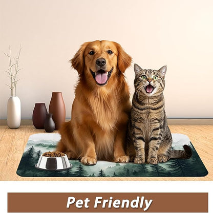 Misty Forest Mountain Dog Food Mat for Floors,Absorbent Quick-Dry Pet Feeding Mat,Cat Dog Bowl Mats for Food and Water,Non-Slip Pet Accessories Supplies 12"x20"