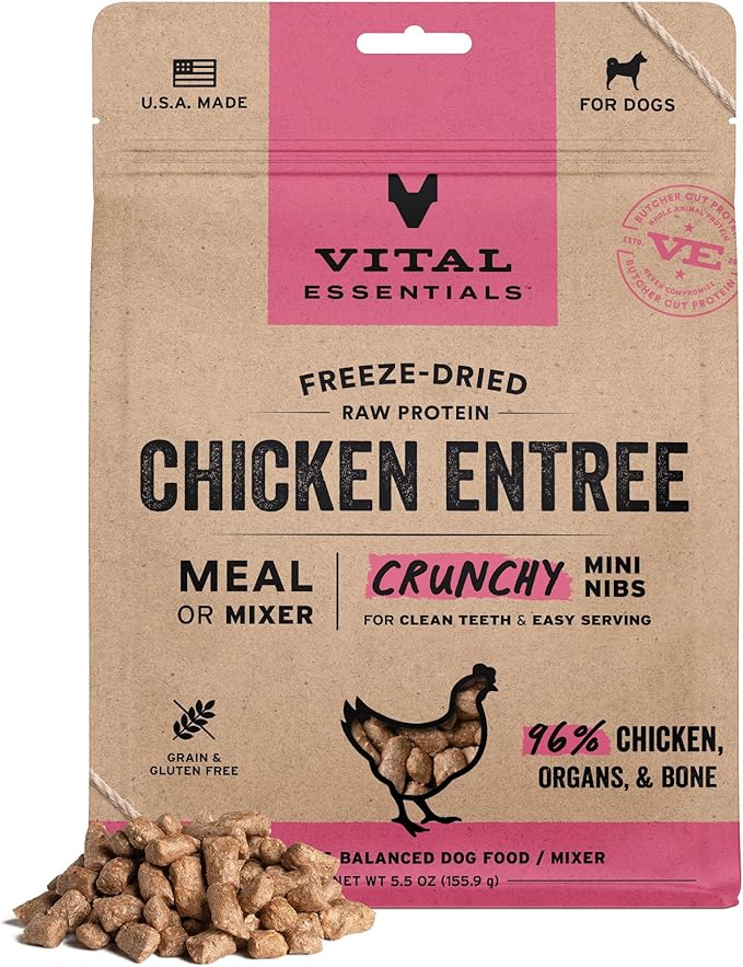 Vital Essentials Freeze Dried Dog Food, Raw Chicken Crunchy Mini Nibs | Complete Meal or Topper | 96% Chicken, Organs & Bone | Limited Ingredient, High Protein, Grain Free Dry Dog Food | 5.5 oz Bag